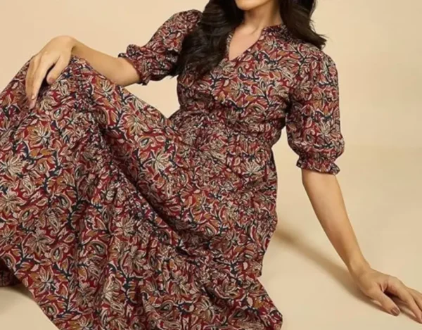 Women's Fit and Flare Pure Cotton Long Maxi Dress (Maroon) - Image 3